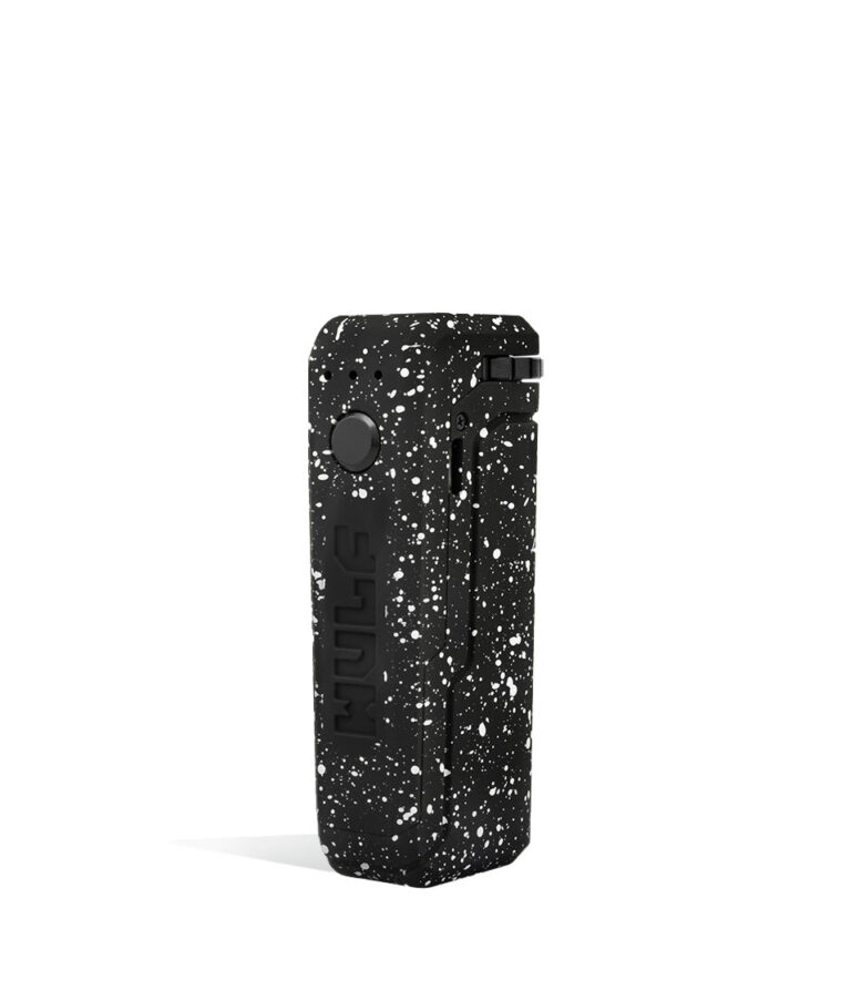 Black White Spatter Wulf Mods UNI Adjustable 510 Thread Battery Side 1 View on White Background