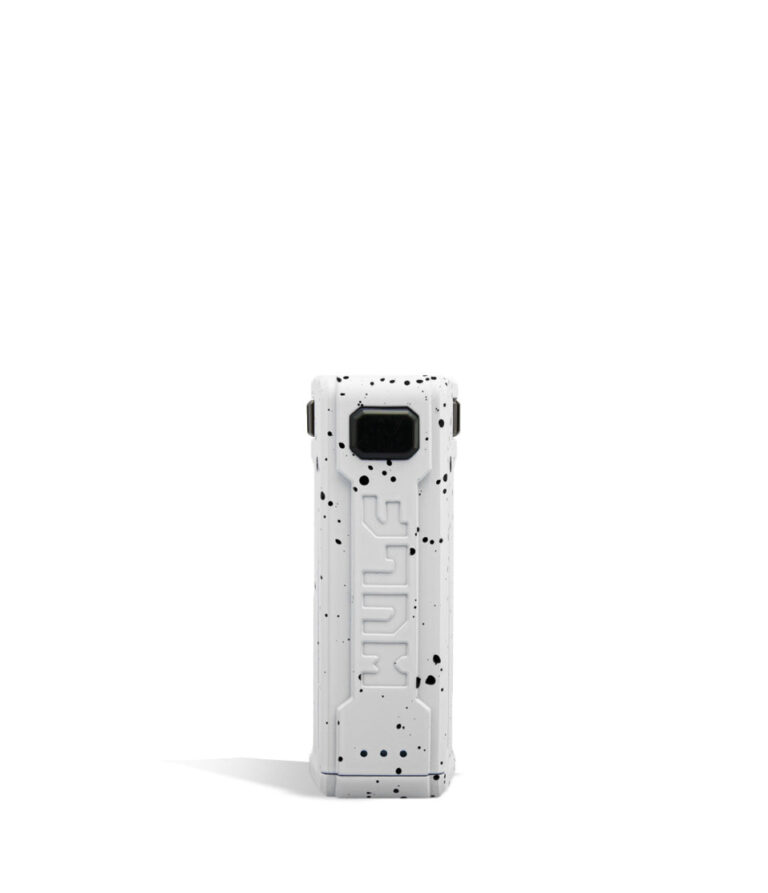 White Black Spatter Wulf Mods UNI S Face View Adjustable 510 Thread Battery on White Background