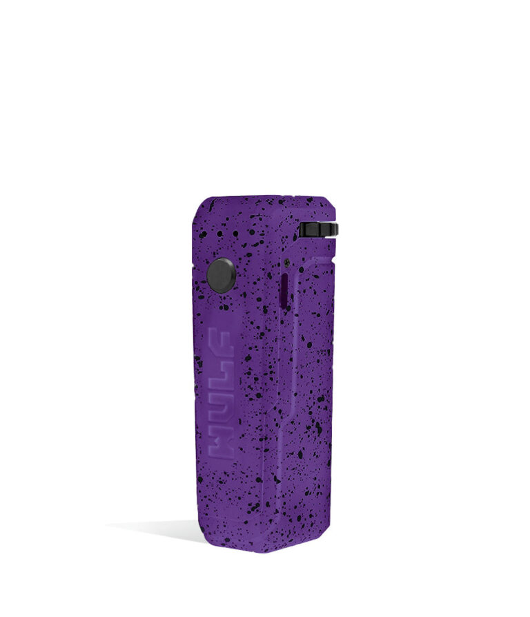 Purple Black Spatter Wulf Mods UNI Adjustable 510 Thread Battery Side 1 View on White Background