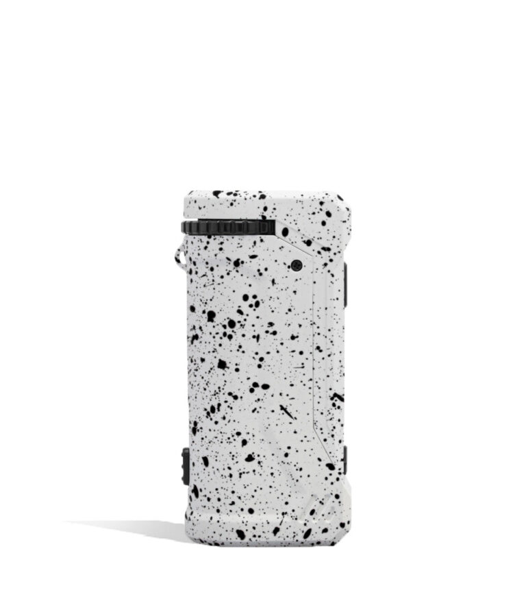 White Black Spatter Wulf Mods UNI Pro Adjustable 510 Thread Battery Side View on White Background