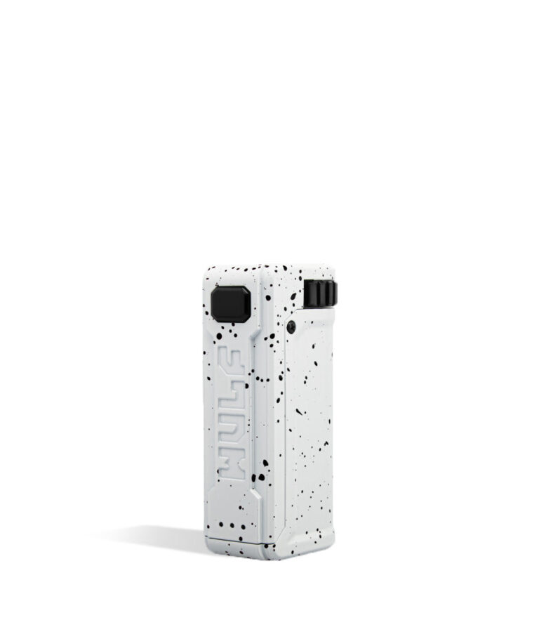 White Black Spatter Wulf Mods UNI S Adjustable 510 Thread Battery Side View on White Background