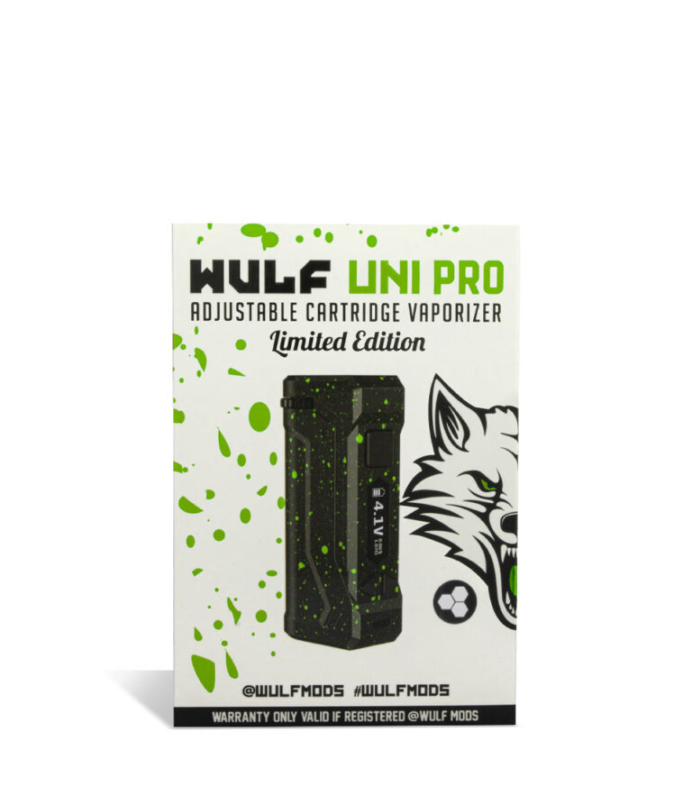 Black Green Spatter Wulf Mods UNI Pro Adjustable 510 Thread Battery Packaging on White Background