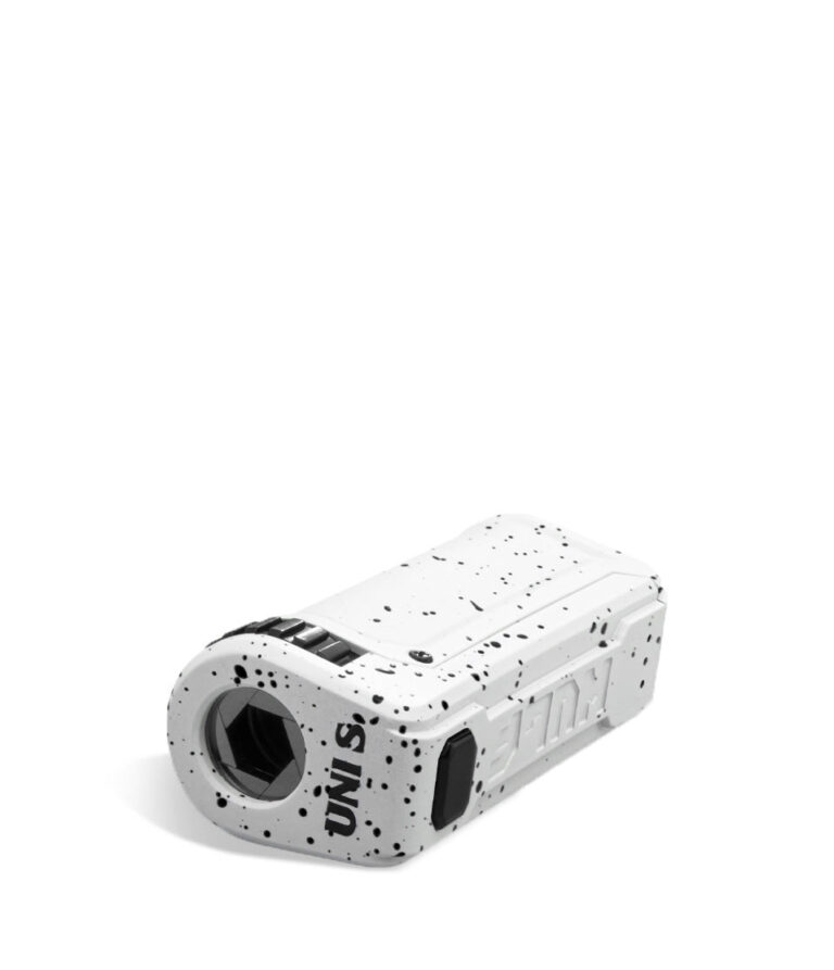 White Black Spatter Wulf Mods UNI S Adjustable 510 Thread Battery Top View on White Background