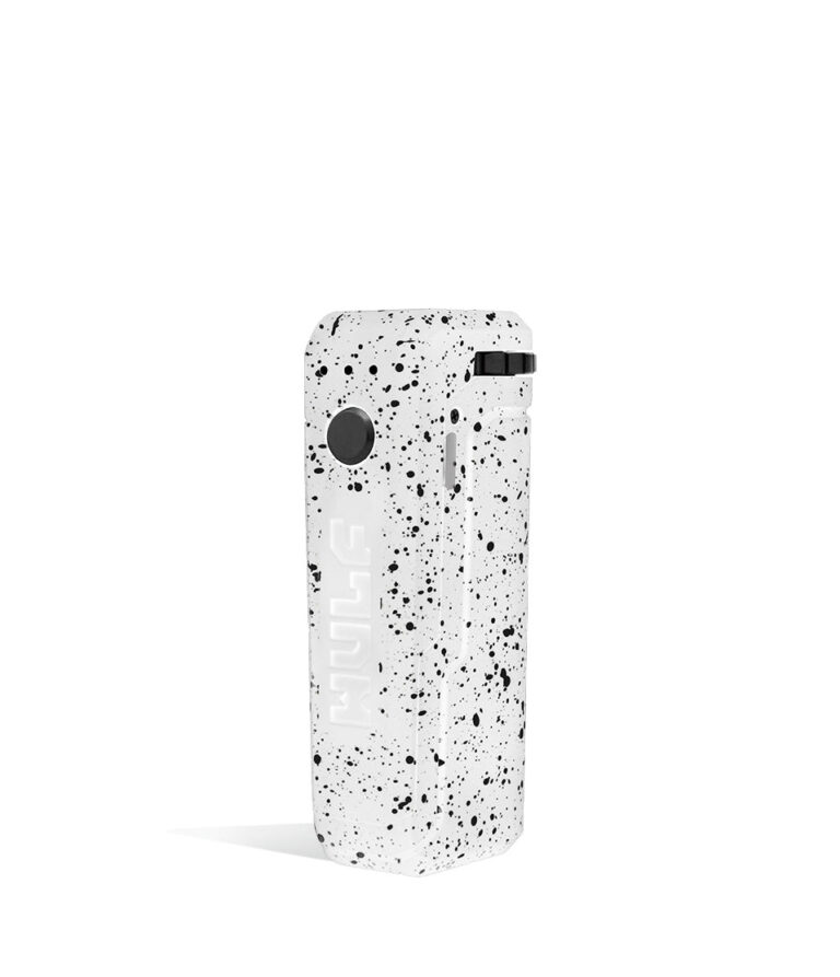 White Black Spatter Wulf Mods UNI Adjustable 510 Thread Battery Side 1 View on White Background