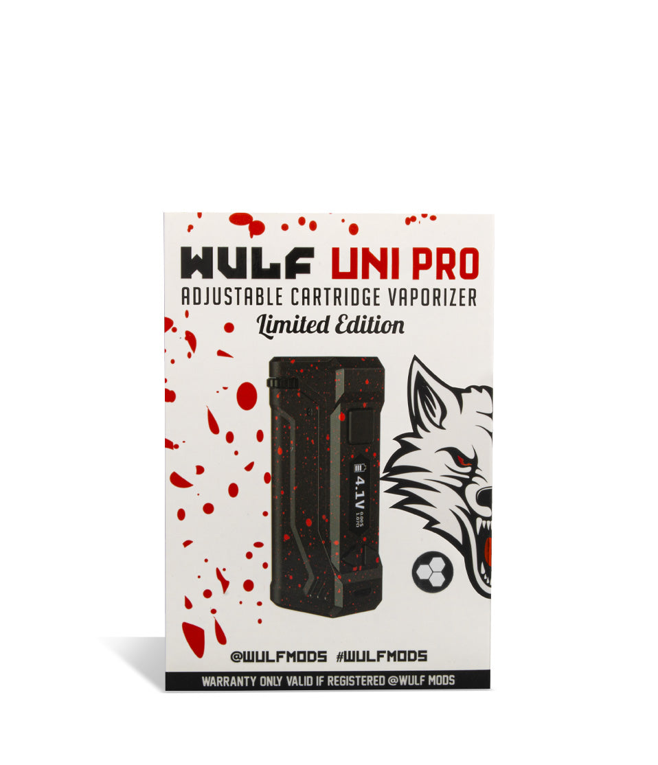 Black Red Spatter Wulf Mods UNI Pro Adjustable 510 Thread Battery Packaging on White Background