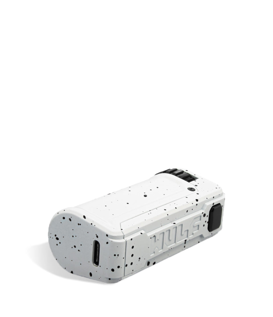 White Black Spatter Wulf Mods UNI S Bottom View Adjustable 510 Thread Battery on White Background