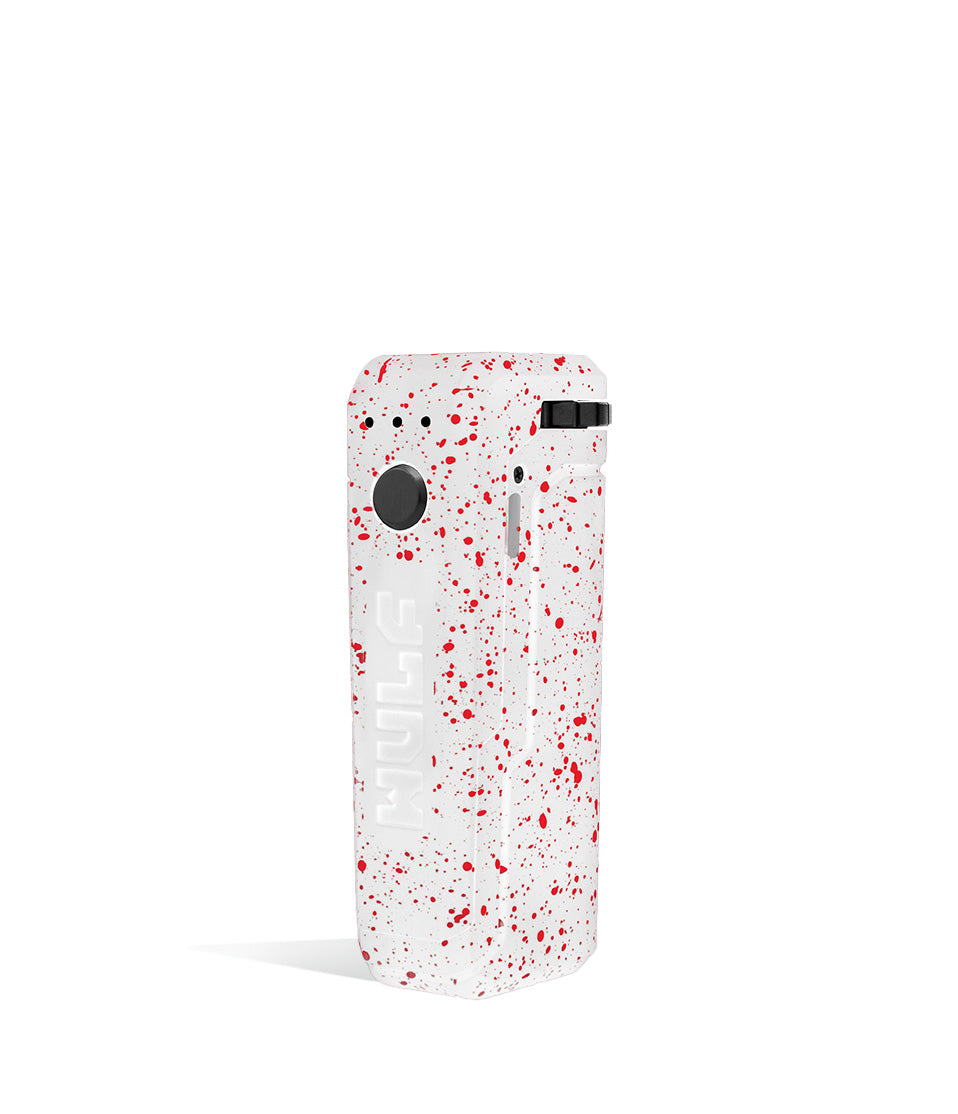 White Red Spatter Wulf Mods UNI Adjustable 510 Thread Battery Side 1 View on White Background