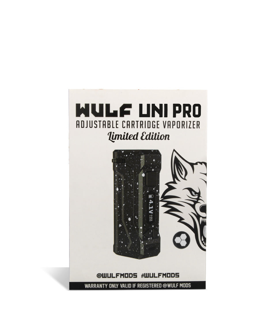 Black White Spatter Wulf Mods UNI Pro Adjustable 510 Thread Battery Packaging on White Background