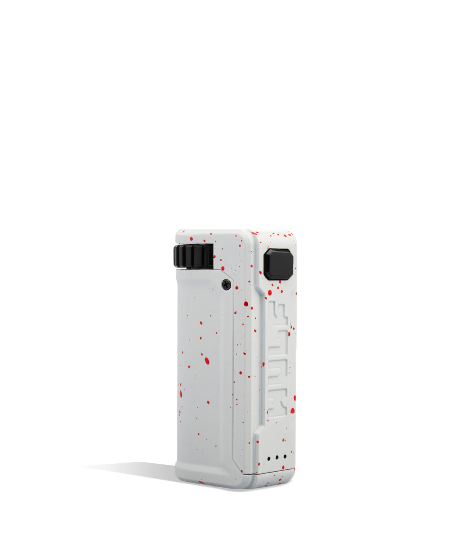 White Red Spatter Wulf Mods UNI S Adjustable 510 Thread Battery Front View on White Background