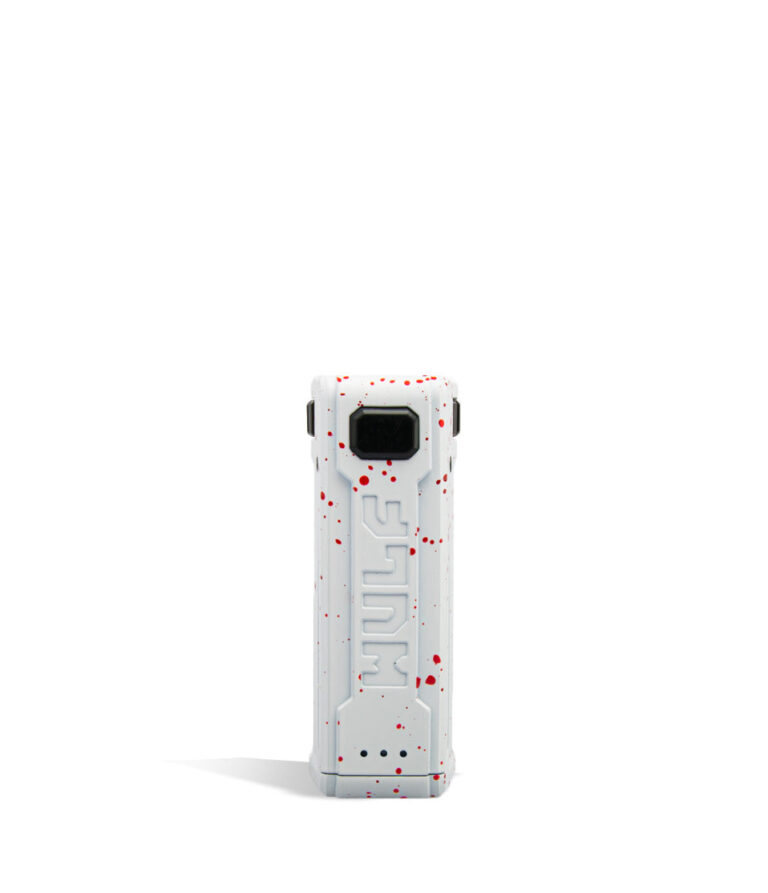 White Red Spatter Wulf Mods UNI S Face View Adjustable 510 Thread Battery on White Background
