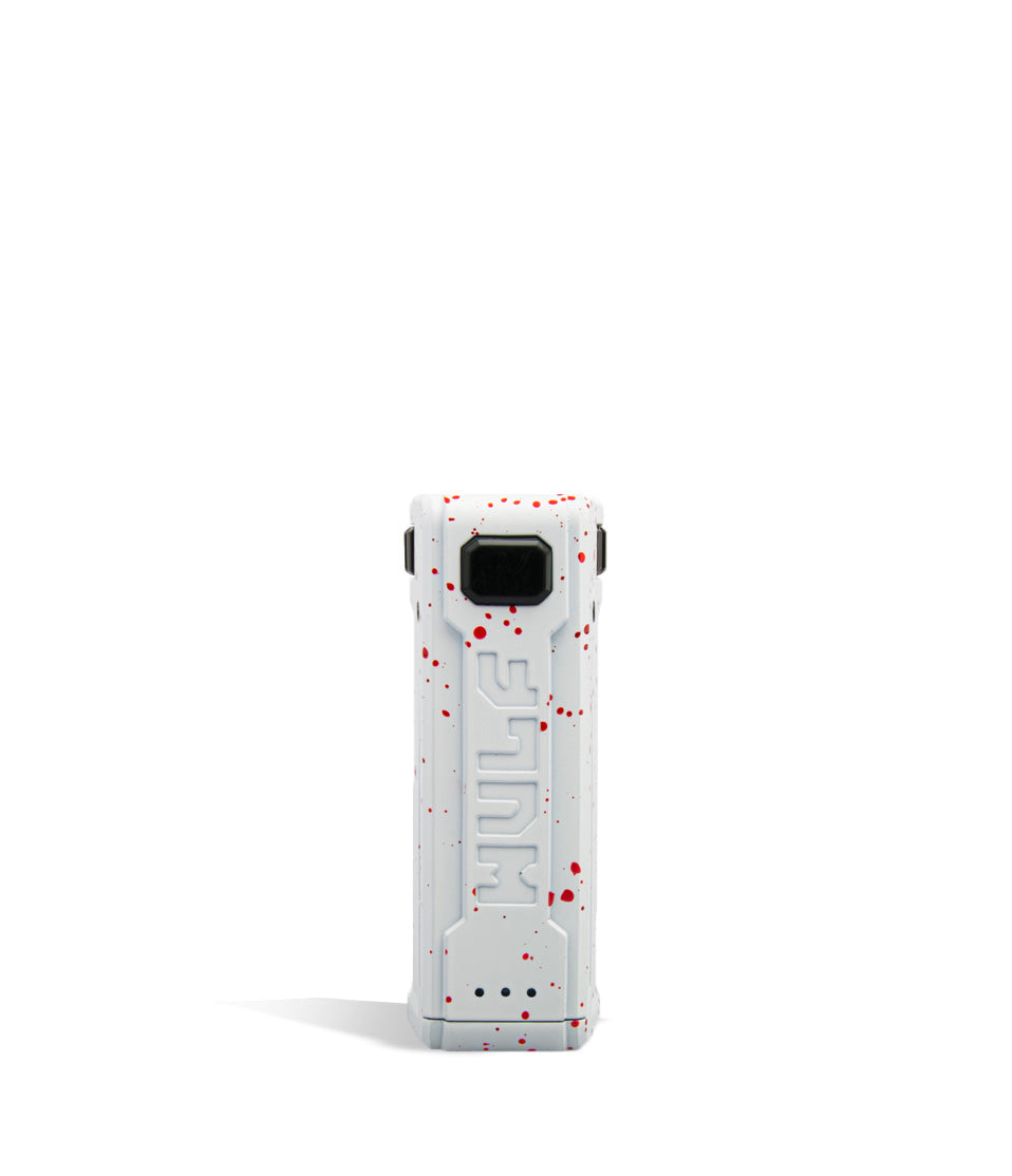White Red Spatter Wulf Mods UNI S Face View Adjustable 510 Thread Battery on White Background