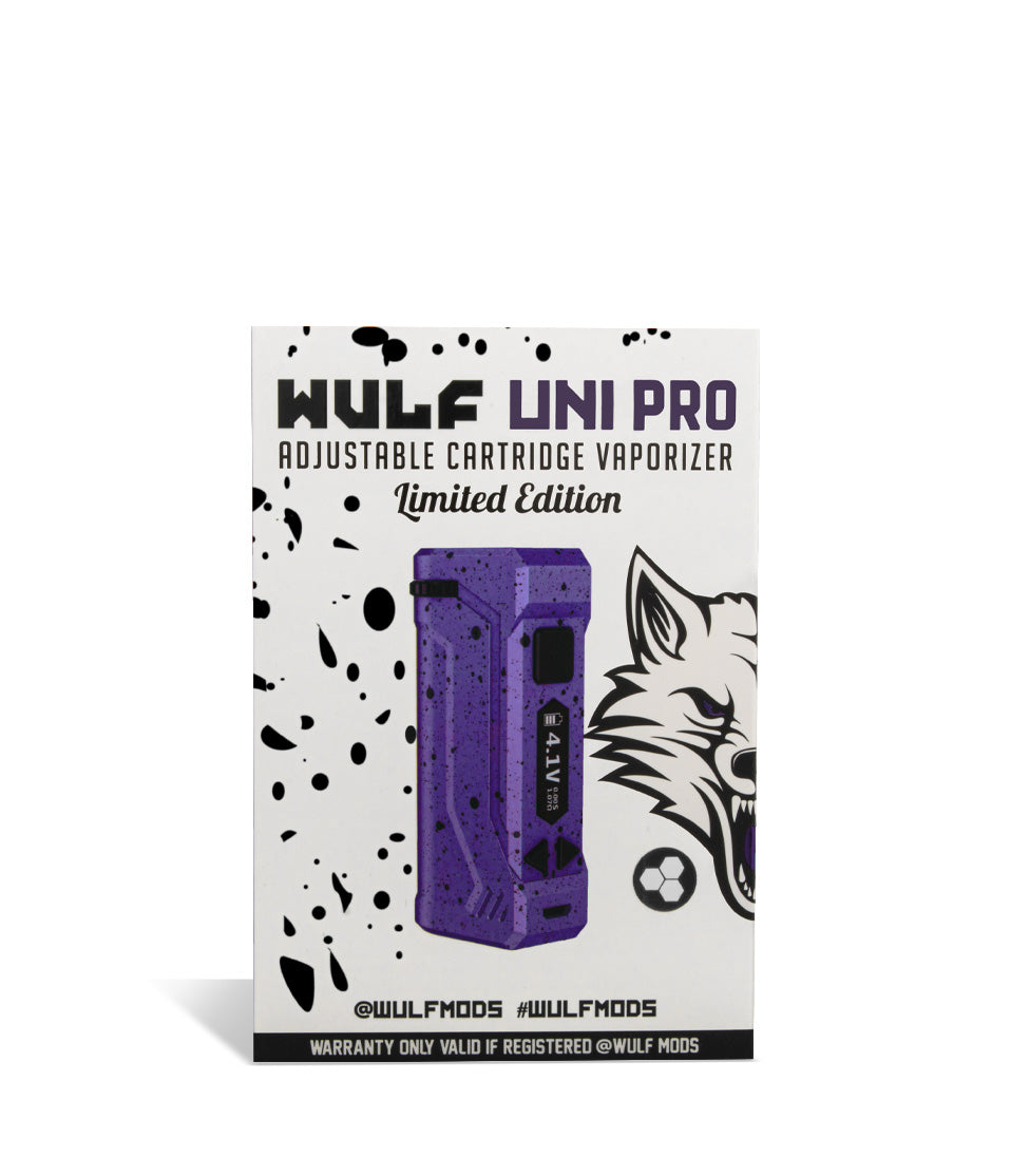 Purple Black Spatter Wulf Mods UNI Pro Adjustable 510 Thread Battery Packaging on White Background