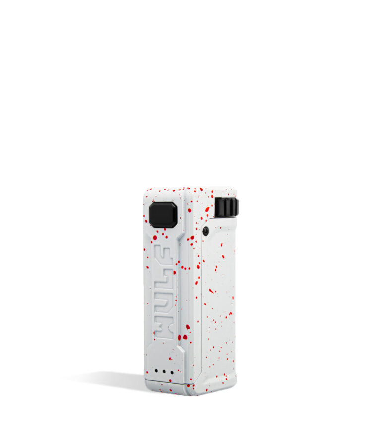 White Red Spatter Wulf Mods UNI S Adjustable 510 Thread Battery Side View on White Background