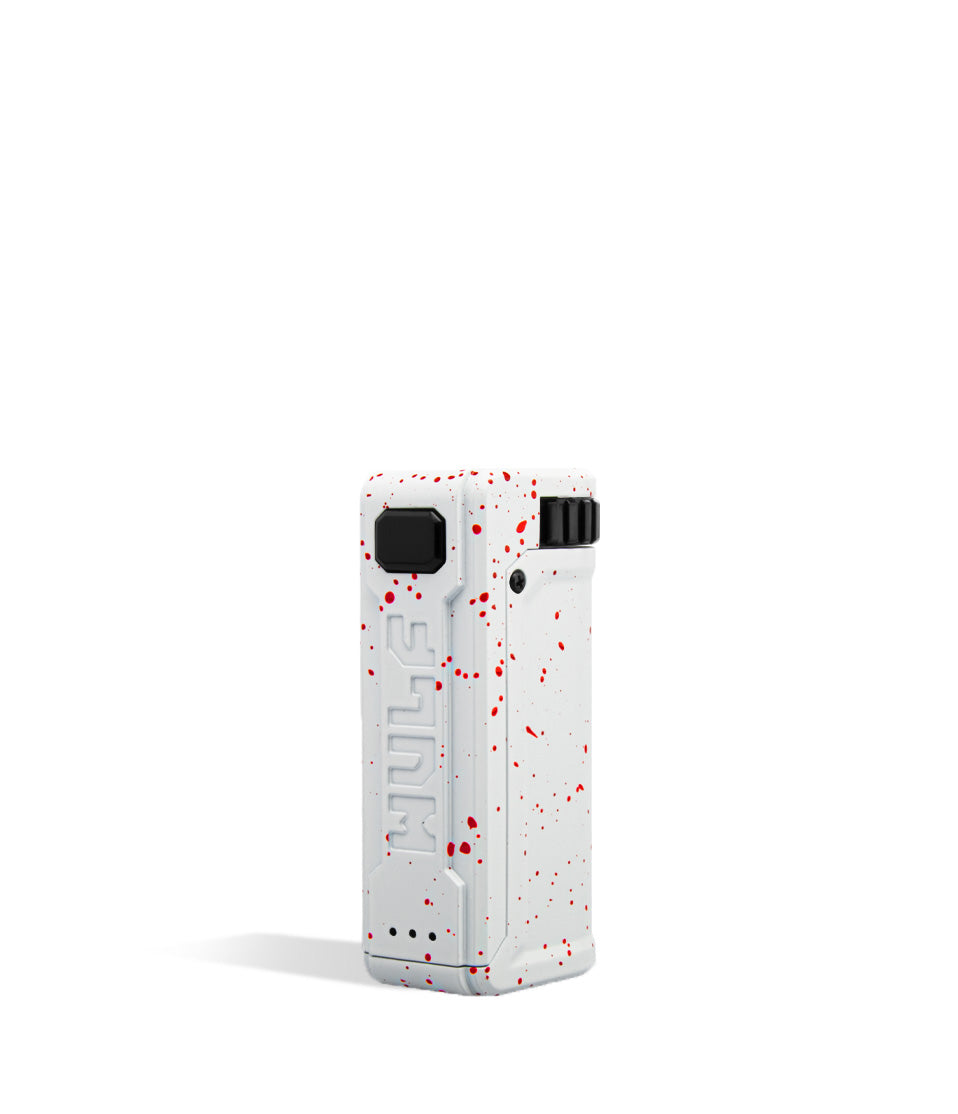 White Red Spatter Wulf Mods UNI S Adjustable 510 Thread Battery Side View on White Background