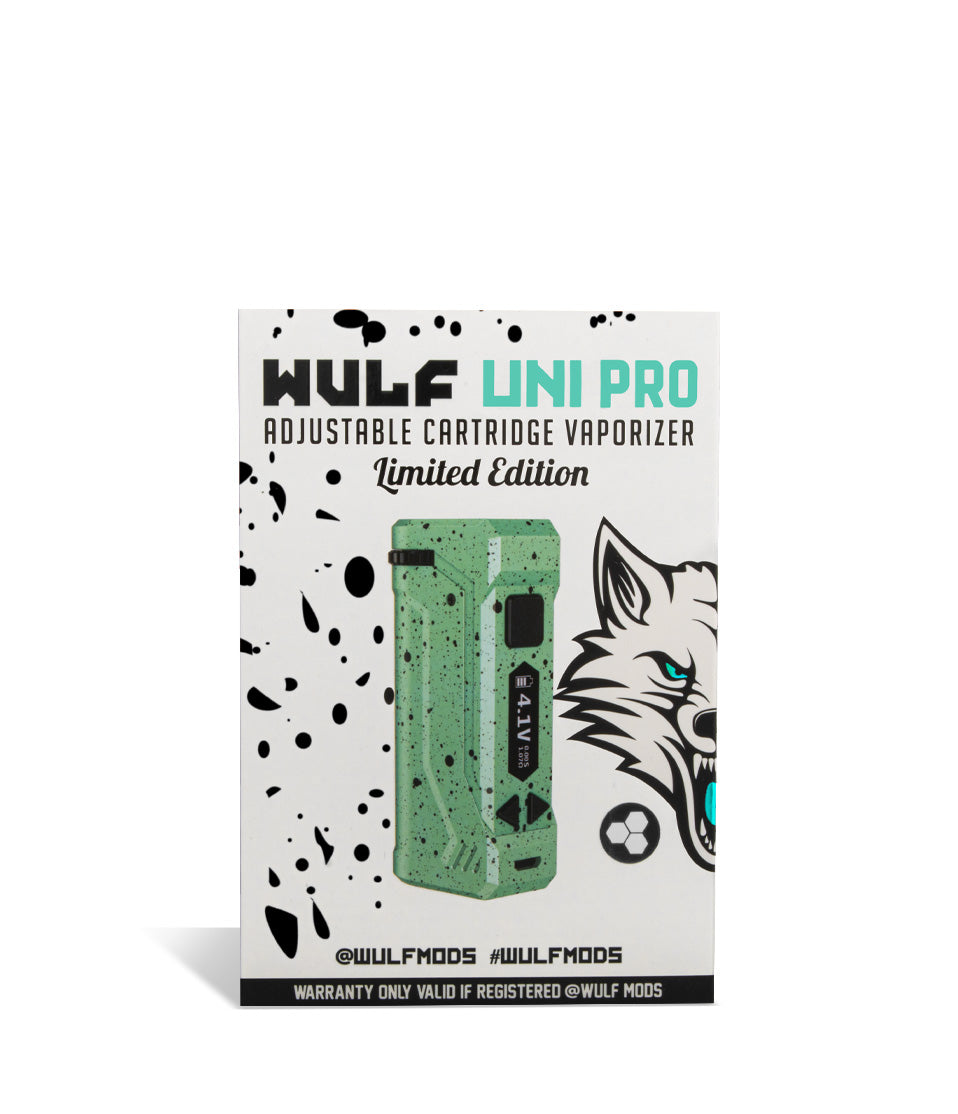 Teal Black Spatter Wulf Mods UNI Pro Adjustable 510 Thread Battery Packaging on White Background