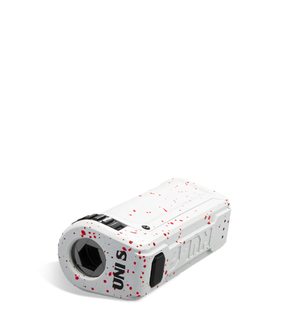White Red Spatter Wulf Mods UNI S Adjustable 510 Thread Battery Top View on White Background