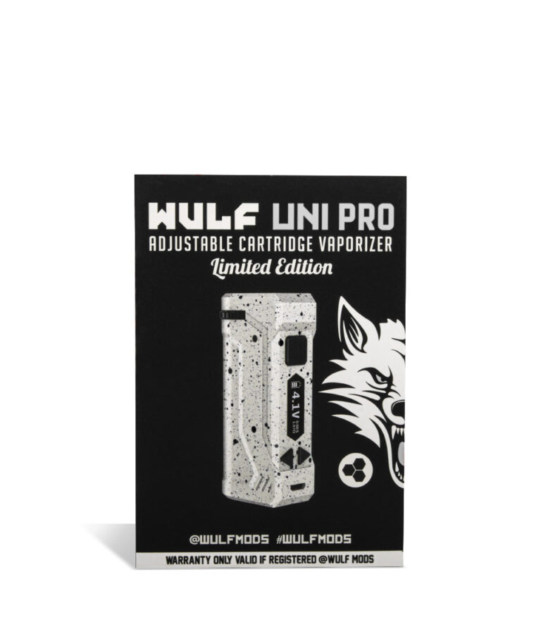 White Black Spatter Wulf Mods UNI Pro Adjustable 510 Thread Battery Packaging on White Background