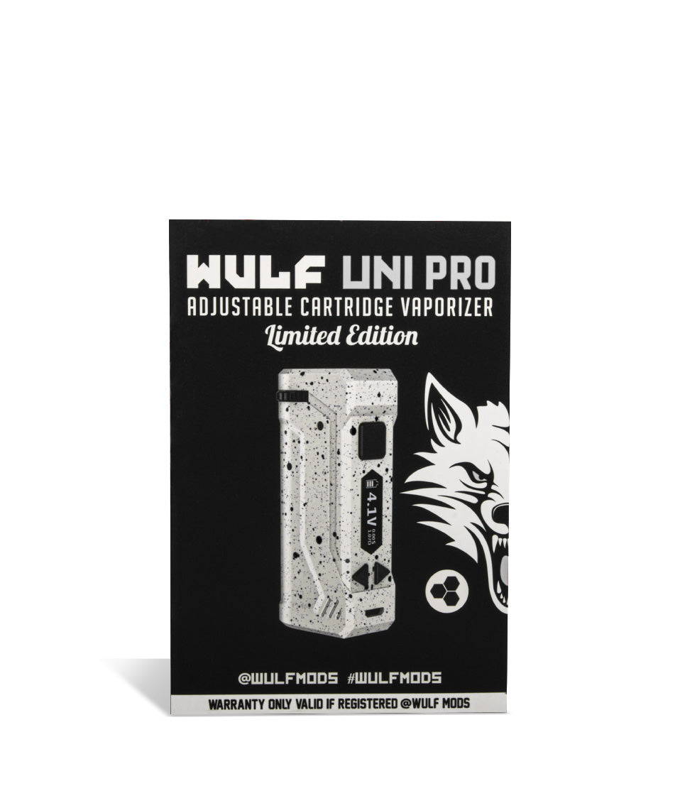 White Black Spatter Wulf Mods UNI Pro Adjustable 510 Thread Battery Packaging on White Background
