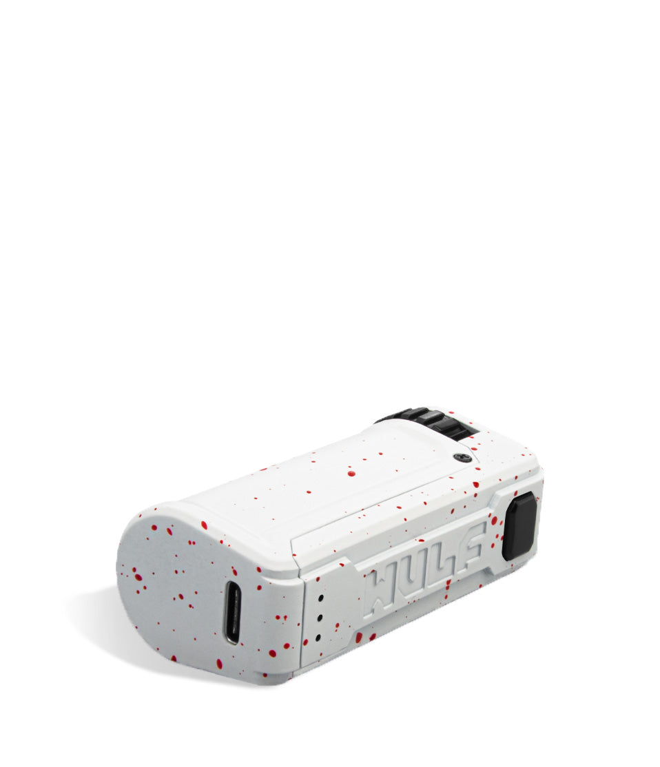 White Red Spatter Wulf Mods UNI S Bottom View Adjustable 510 Thread Battery on White Background