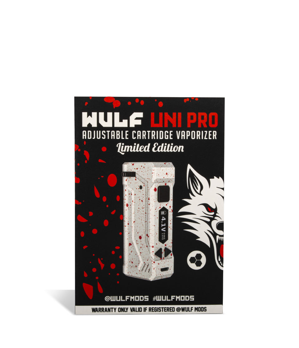 White Red Spatter Wulf Mods UNI Pro Adjustable 510 Thread Battery Packaging on White Background