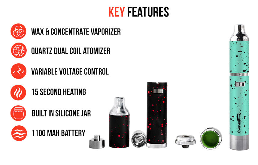 WULF Evolve Plus key features: wax and concentrate vaporizer, quartz dual coil atomizer, variable voltage control, 15 second heating, built in silicone jar and 1100mAh battery