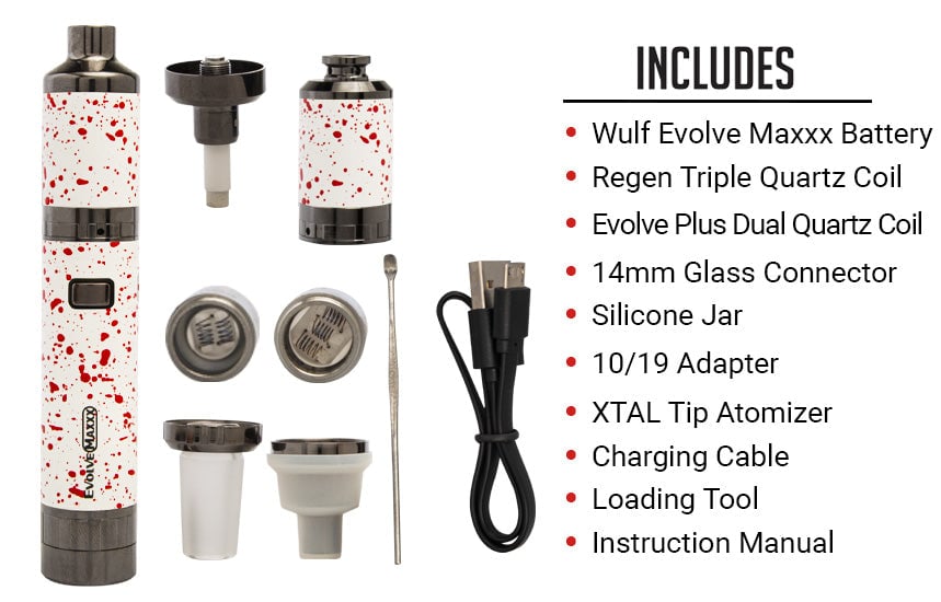 WULF Evolve Maxxx box contents including the battery, Regen triple quartz coil, Evolve Plus dual quartz coil, 14mm glass connector, silicone jar, adapter, XTAL tip atomizer, charging cable and loading tool