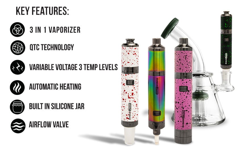 WULF Evolve Maxxx key features: three in one vaporizer, QTC technology, variable voltage with three temperature levels, automatic heating, built in silicone jar and airflow valve