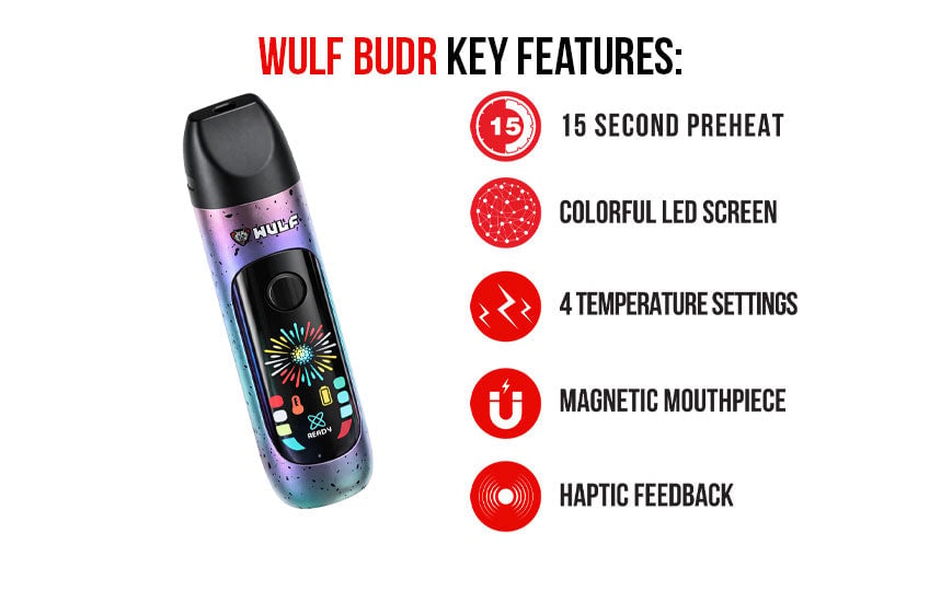 WULF Budr key features: 15 second preheat, colourful LED screen, four temperature settings, magnetic mouthpiece and haptic feedback