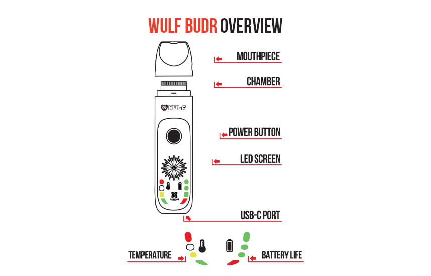 Labelled diagram of the WULF Budr showing the mouthpiece, chamber, power button, LED screen and USB-C port