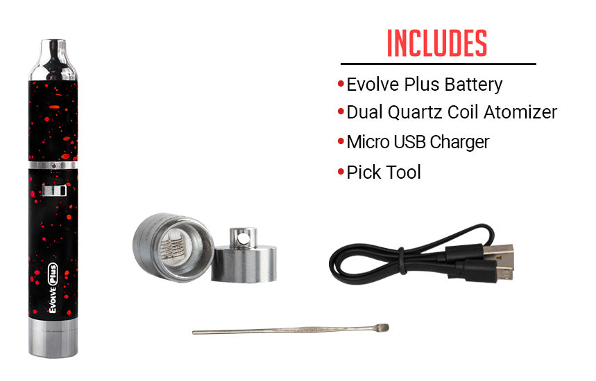 WULF Evolve Plus box contents: Evolve Plus battery, dual quartz coil atomizer, micro USB charger and pick tool