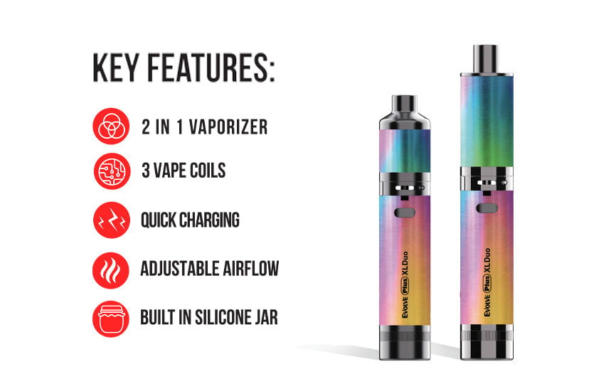 WULF Evolve Plus XL Duo key features: two in one vaporizer, three vape coils, quick charging, adjustable airflow and built in silicone jar