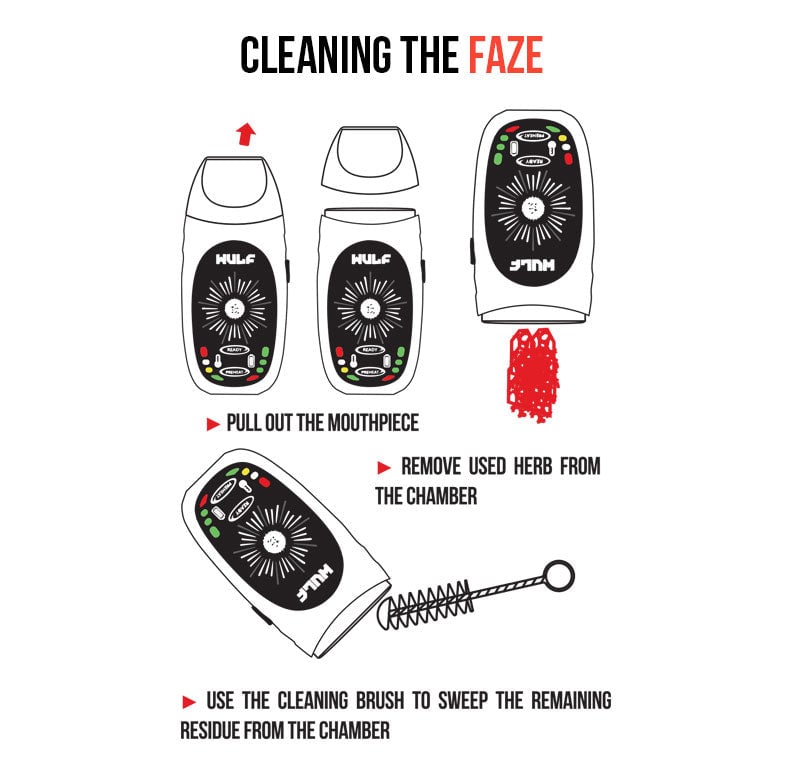 WULF Faze cleaning guide: pull out the mouthpiece, remove used herb from the chamber and sweep out the residue with the cleaning brush