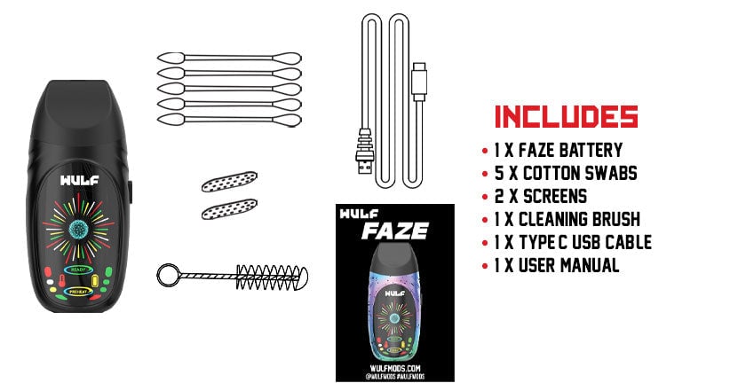 WULF Faze box contents: one Faze battery, five cotton swabs, two screens, one cleaning brush, one USB-C cable and one user manual