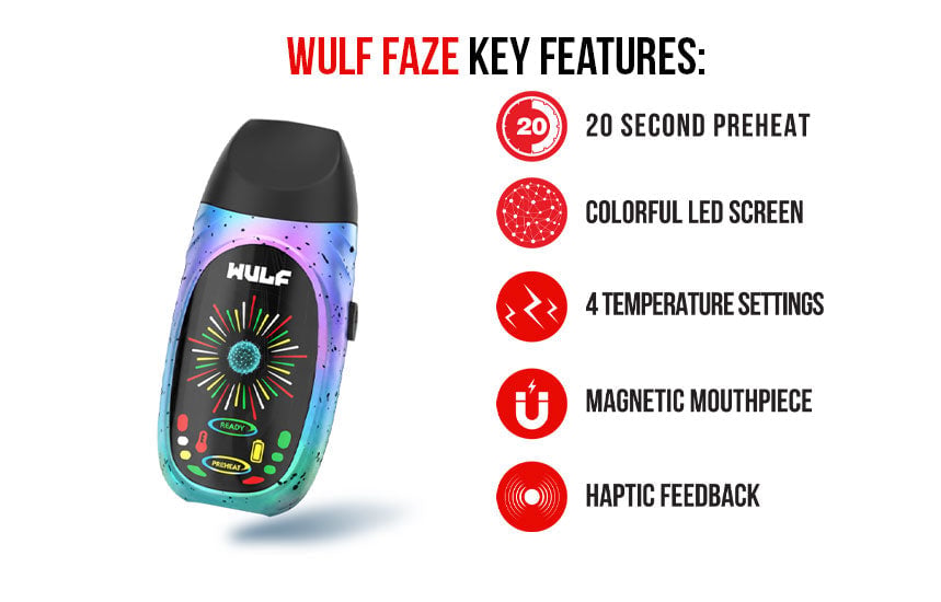 WULF Faze key features list: 20 second preheat, colourful LED screen, four temperature settings, magnetic mouthpiece and haptic feedback