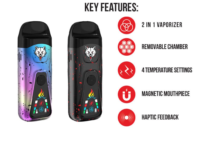 WULF Flex key features: two in one vaporizer, removable chamber, four temperature settings, magnetic mouthpiece and haptic feedback