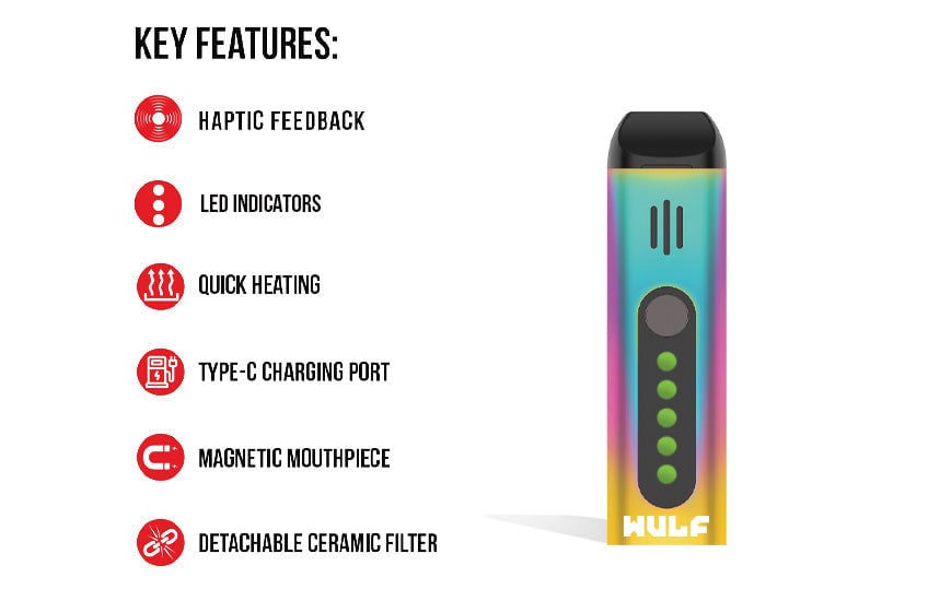 WULF Flora key features: haptic feedback, LED indicators, quick heating, USB-C charging port, magnetic mouthpiece and detachable ceramic filter