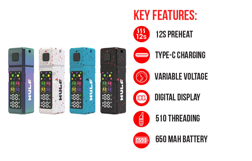 WULF Grid key features: 12 second preheat, USB-C charging, variable voltage, digital display, 510 threading and 650mAh battery