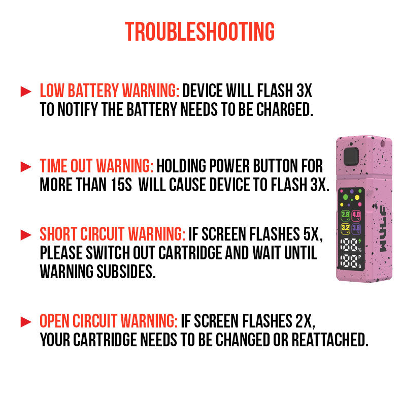 WULF Grid troubleshooting guide covering low battery, time out, short circuit and open circuit warnings