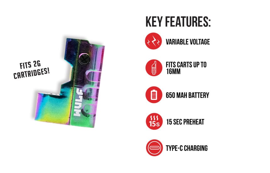 WULF Micro Max key features: variable voltage, fits carts up to 10mm, 650mAh battery, 15 second preheat and USB-C charging