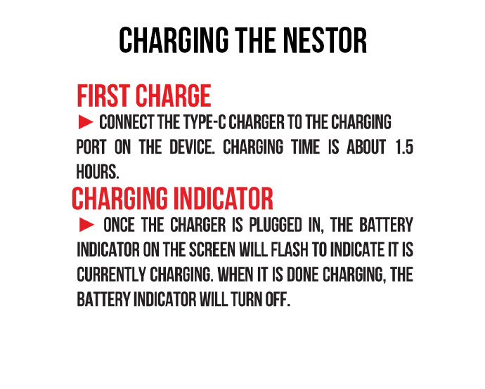 Directions on how to charge the Wulf Nestor on white background