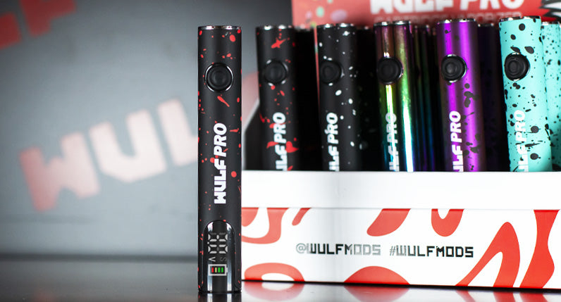 WULF Pro 510 thread batteries in several colours displayed on a shelf