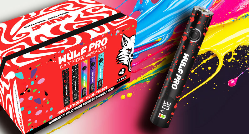 WULF Pro 510 thread batteries in red and black against a graffiti backdrop