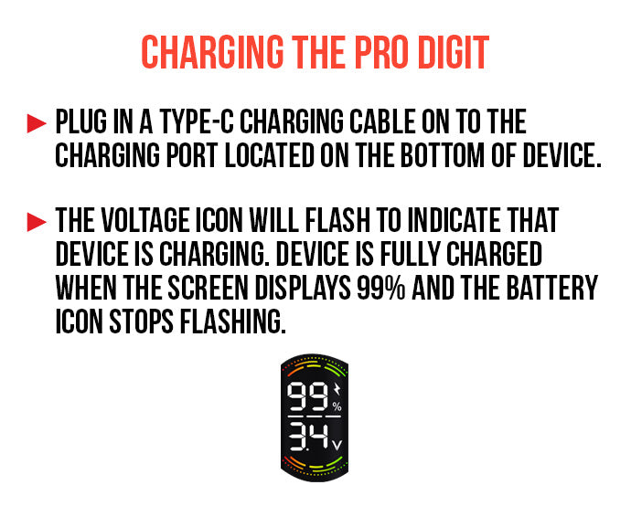 WULF Pro Digit charging guide: plug a USB-C cable into the port on the bottom, the voltage icon flashes and stops at 99 percent when fully charged