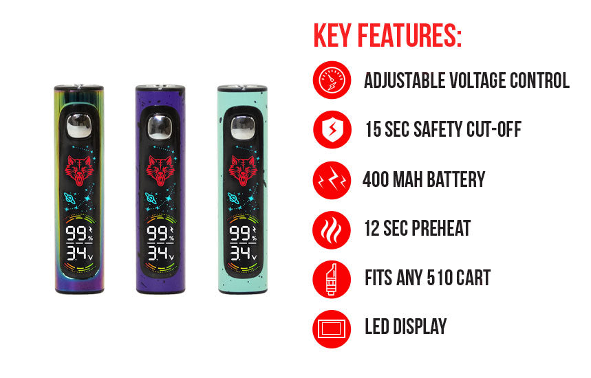 WULF Pro Digit key features: adjustable voltage control, 15 second safety cut off, 400mAh battery, 12 second preheat, fits any 510 cartridge and LED display