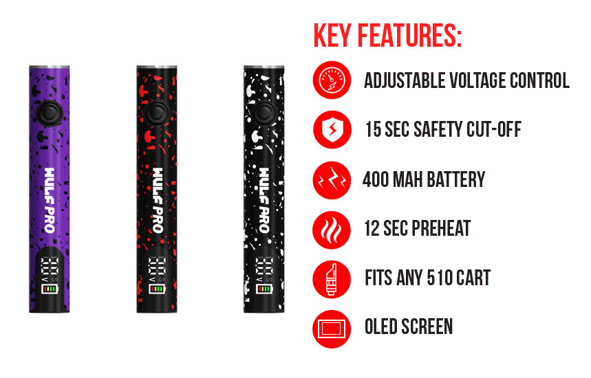 WULF Pro key features: adjustable voltage control, 15 second safety cut off, 400mAh battery, 12 second preheat, fits any 510 cartridge and OLED screen