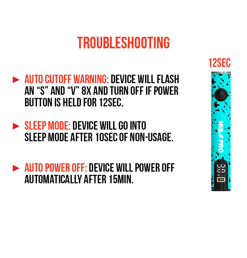 WULF Pro troubleshooting guide covering auto cutoff, sleep mode and auto power off