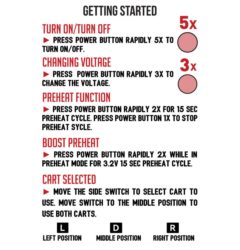 WULF Recon Pro getting started guide covering power, voltage changes, preheat, boost preheat and selecting the left, middle or right cartridge position