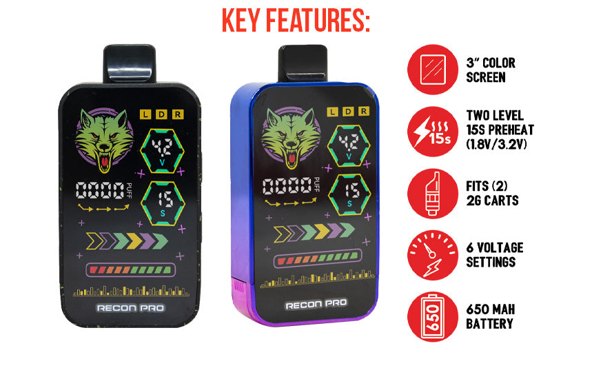 WULF Recon Pro key features: 3 inch colour screen, two level cart selector, USB-C charging, four voltage settings and 650mAh battery