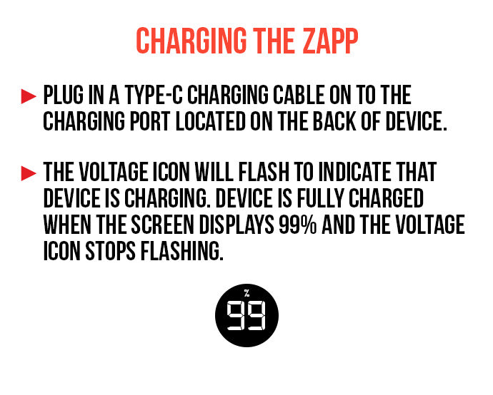 WULF Zapp charging guide: plug a USB-C cable into the port on the back, the voltage icon flashes while charging and stops at 99 percent when full