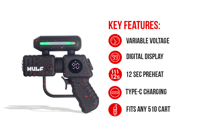 WULF Zapp key features: variable voltage, digital display, 12 second preheat, USB-C charging and fits any 510 cartridge